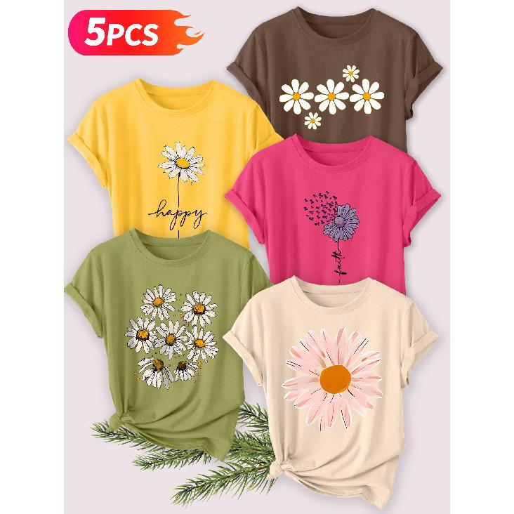 Five-piece set Elegant short-sleeved shirt for women Daisy series printed round-neck women's short-sleeve shirt is suitable for spring and summer