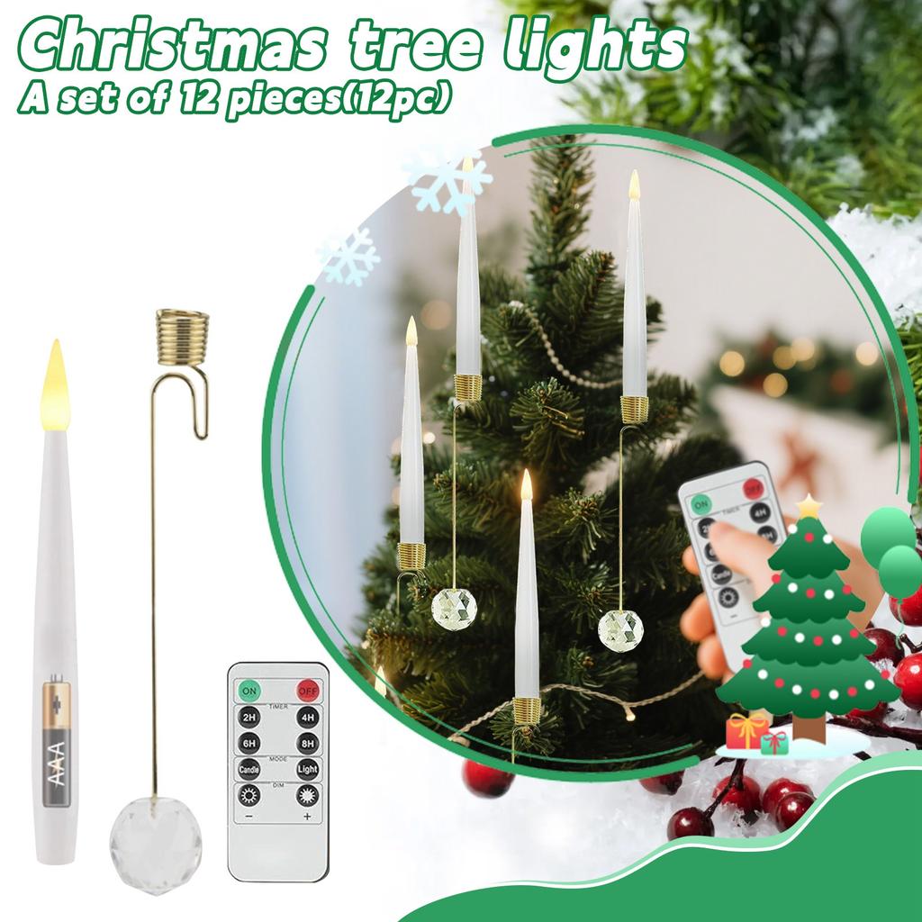 Flashing Short LED Taper Candles With12 Crystal Ball Hooks, Battery-operated Timer, Plastic Window, Flameless, Illuminated