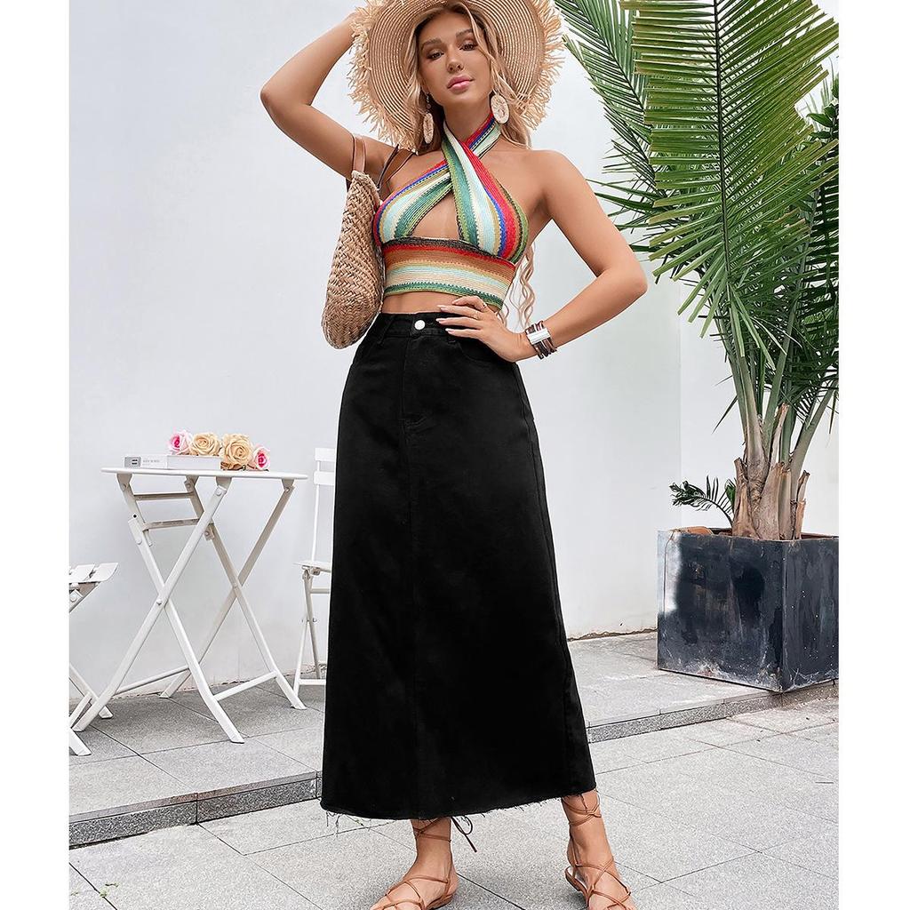 Зарубежная женская европейская и американская повседневная джинсовая миди-юбка А-силуэта с высокой талией