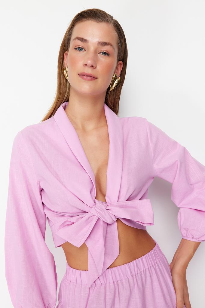 Women's Fashion New Blouse Pink Crop Woven Tie Up Blouse