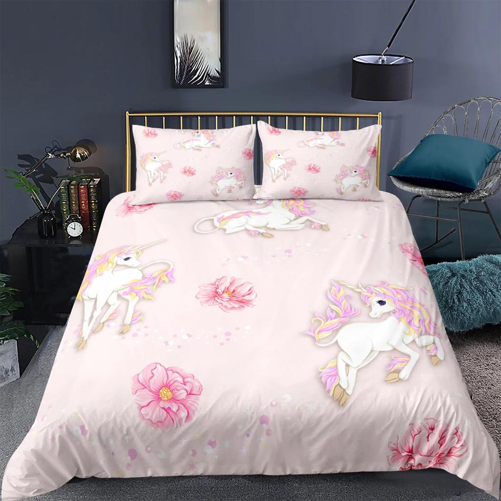 Unicorn Bedding Set King Queen White Pink Unicorn Duvet Cover For Girls Boys Dreamy Cartoon Sparkle Lilac Polyester Quilt Cover