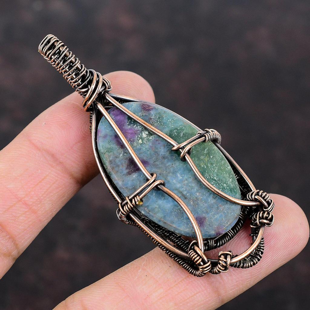 Ruby In Blue Kyanite Pendant Copper Wire Wrapped Jewelry Real Gemstone Pendant Copper Wire Wrapped Pendant Handmade Pendant Jewelry For Gift