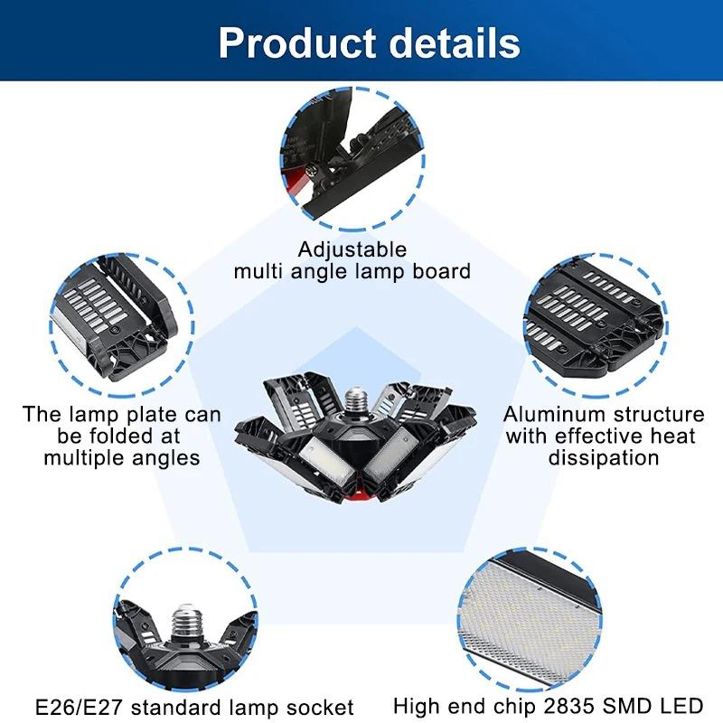 Bright Led Garage Light Deformable Ceiling Lighting with Adjustable Panels Shop Work Lamps for Storage Warehouse Workshop Light