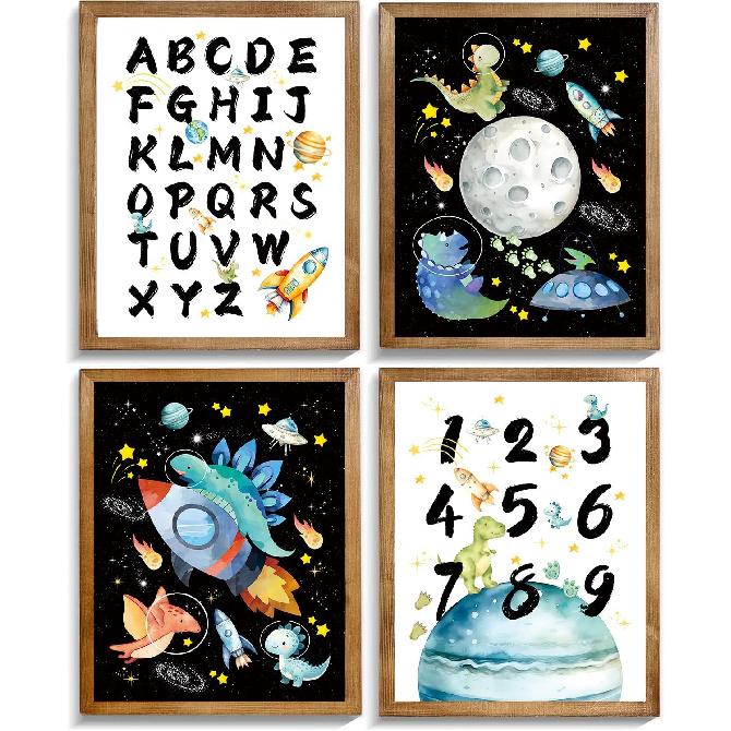 ZHAXFA Pink Outer Space Decor for Kids Room Girls Bedroom Watercolour Star Rocket Astronaut Posters Set Of 4 (8 x10 IN Unframed),Cute pirational Art
