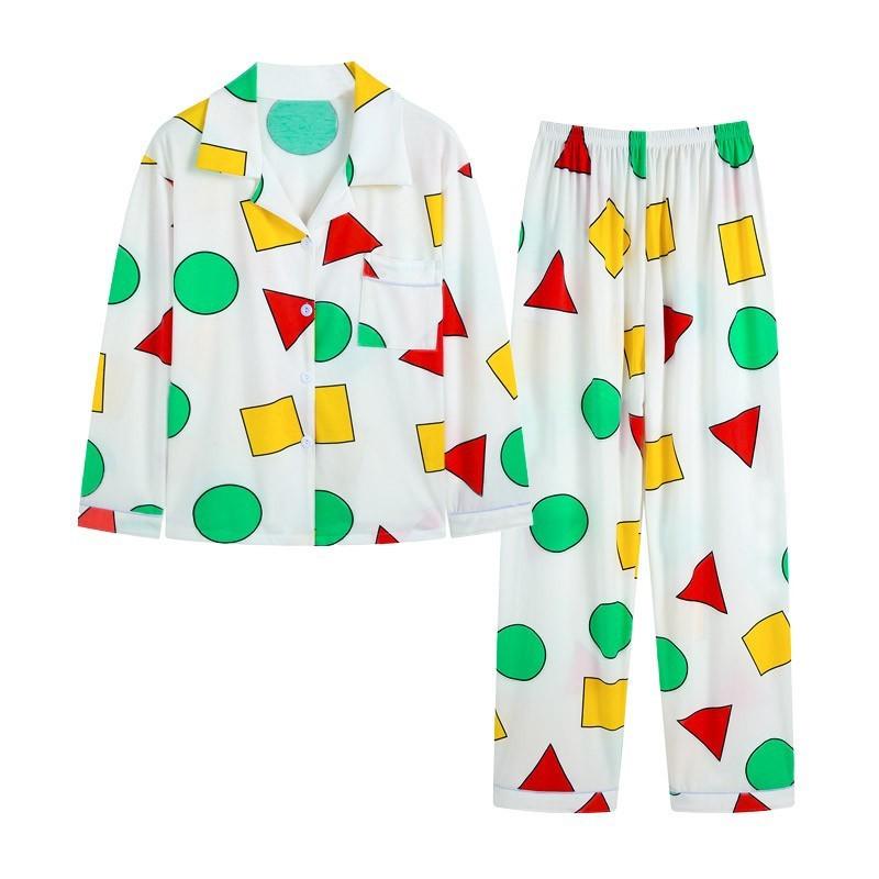 Girl Pajamas Cardigan Lapel Trousers Set Geometric Pattern Long-Sleeved Ladies Homewear Fashion Soft Sleepwear