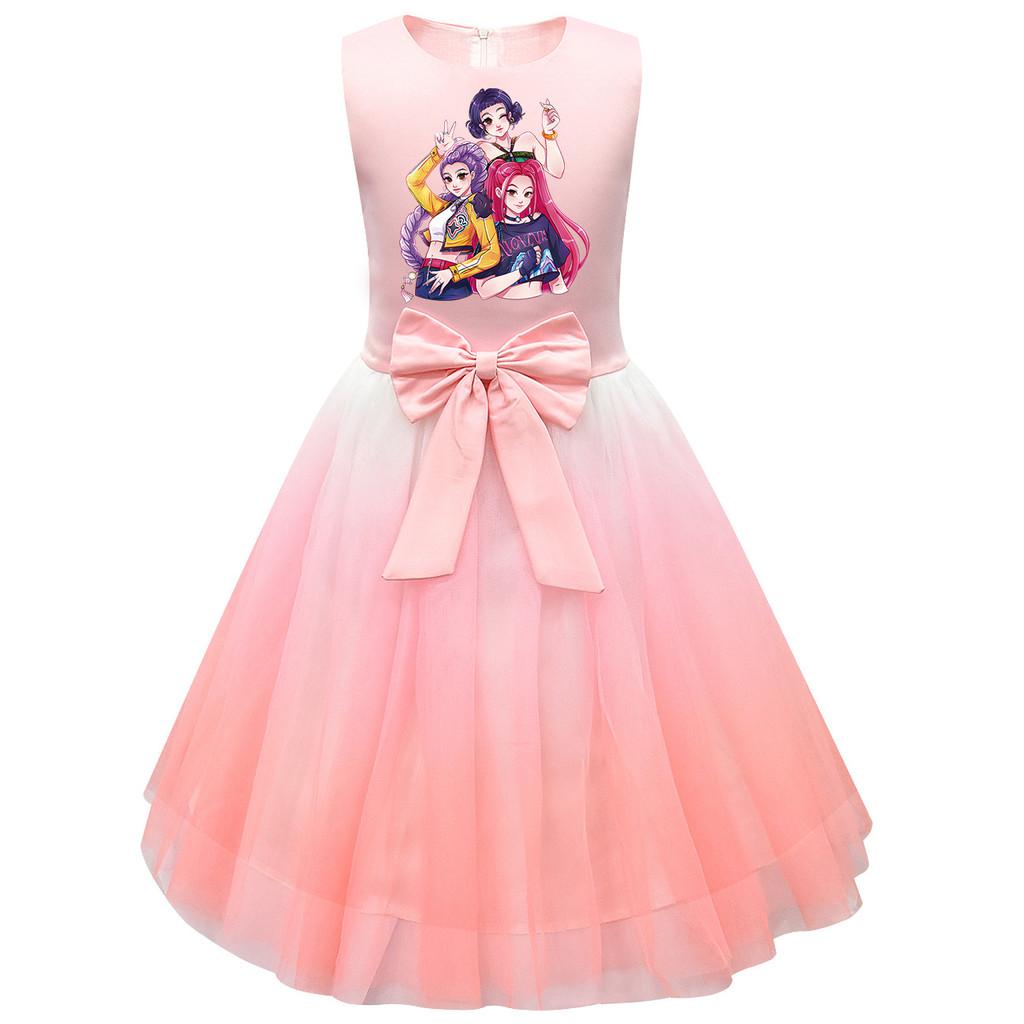Детское Платье Принцессы K-POP Руми Зои Мира с Принтом, Бантом, Без Рукавов, Сетчатая Пачка