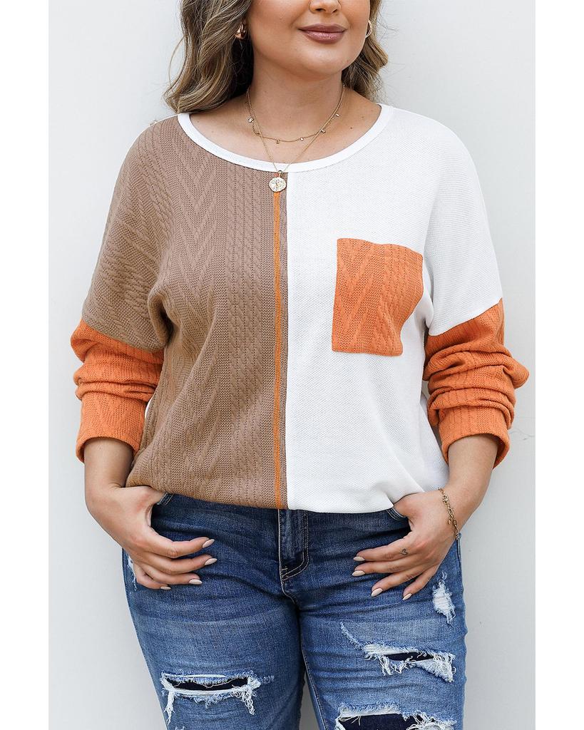 Azura Exchange Chestnut Plus Size Color Block Textured Patchwork Top with Pocket
