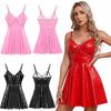 Womens Latex Skirt Slip Flared Mini Dress Gothic Steampunk Costume Club Pole Dance Performance Rivets Strappy V-neck Clubwear