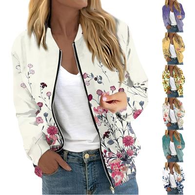 Женская модная повседневная куртка на молнии с длинным рукавом с принтом и круглым вырезом