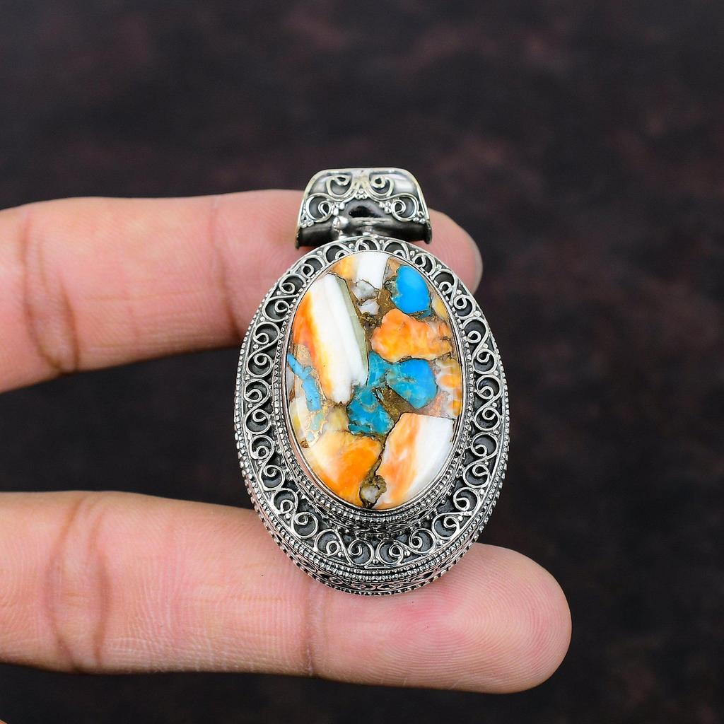 Подвеска из меди и бирюзы с колючей устрицей, оригинальная подвеска из драгоценного камня, подвеска из стерлингового серебра 925 пробы, винтажные ювелирные изделия, подвеска ручной работы, подарок для женщин