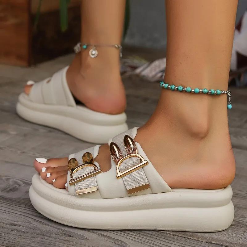 Мода 2024 Высокое качество Женская обувь Модные шлепанцы с открытым носком Женские шлепанцы Однотонный Металлическая декоративная пряжка Большой размер Женская обувь