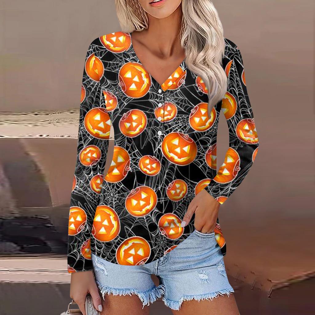 Женская повседневная мода, сексуальный комфорт, Хэллоуин с принтом и v-образным вырезом, пуговицы, длинный рукав