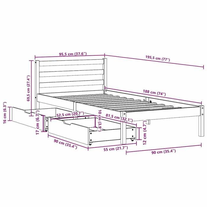 VidaXL Cadre de lit avec tiroirs blanc 90x190 cm bois pin massif, sommier, cadre de lit simple, cadre de lit en bois massif 3301527