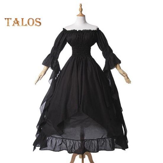 Women Ball Gown Off Shoulder Gothic Long Horn Sleeves Irregular Layered Pleated Elastic Tight Waist Solid Color Retro Renaissance Party Prom Maxi