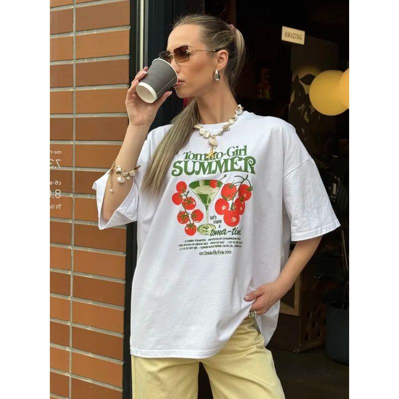 Western Style New Fashion Casual Loose Round Neck Print Short Sleeve T-shirt Top Printed T-shirt Top