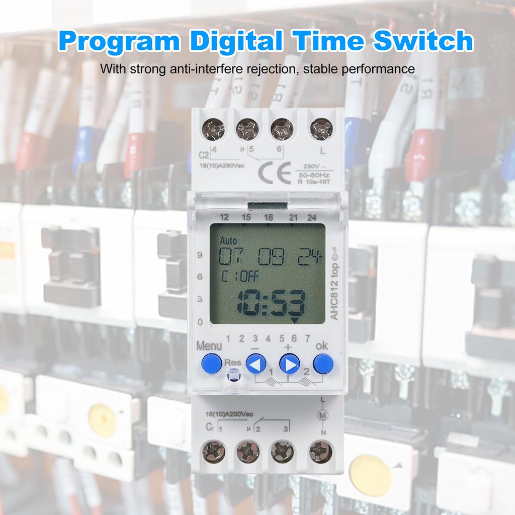 2 Channel Timer Programmable Timing Switch AHC812 230V 16A Weekly Program Digital Time Switch Din