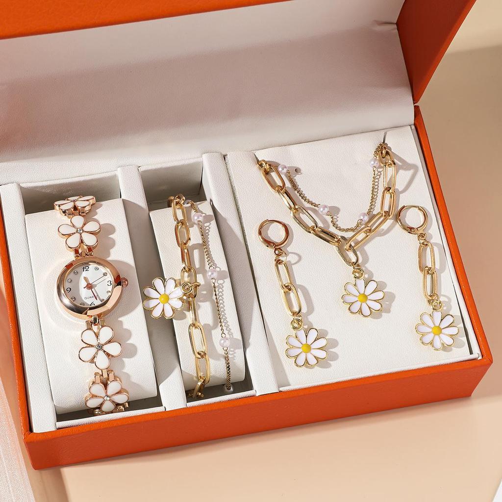 Ladies' Versatile Gift Set: Fashion Floral Chain English Watch & Daisy 5-Piece Set.