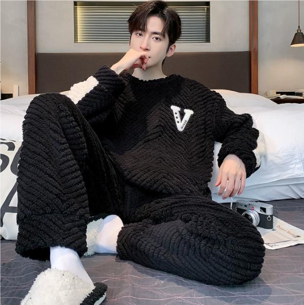 Thickened Coral Fleece Pajamas Men's Winter Warm Home Clothes Two-Piece Set Flannel Autumn Winter Plush Home Suit