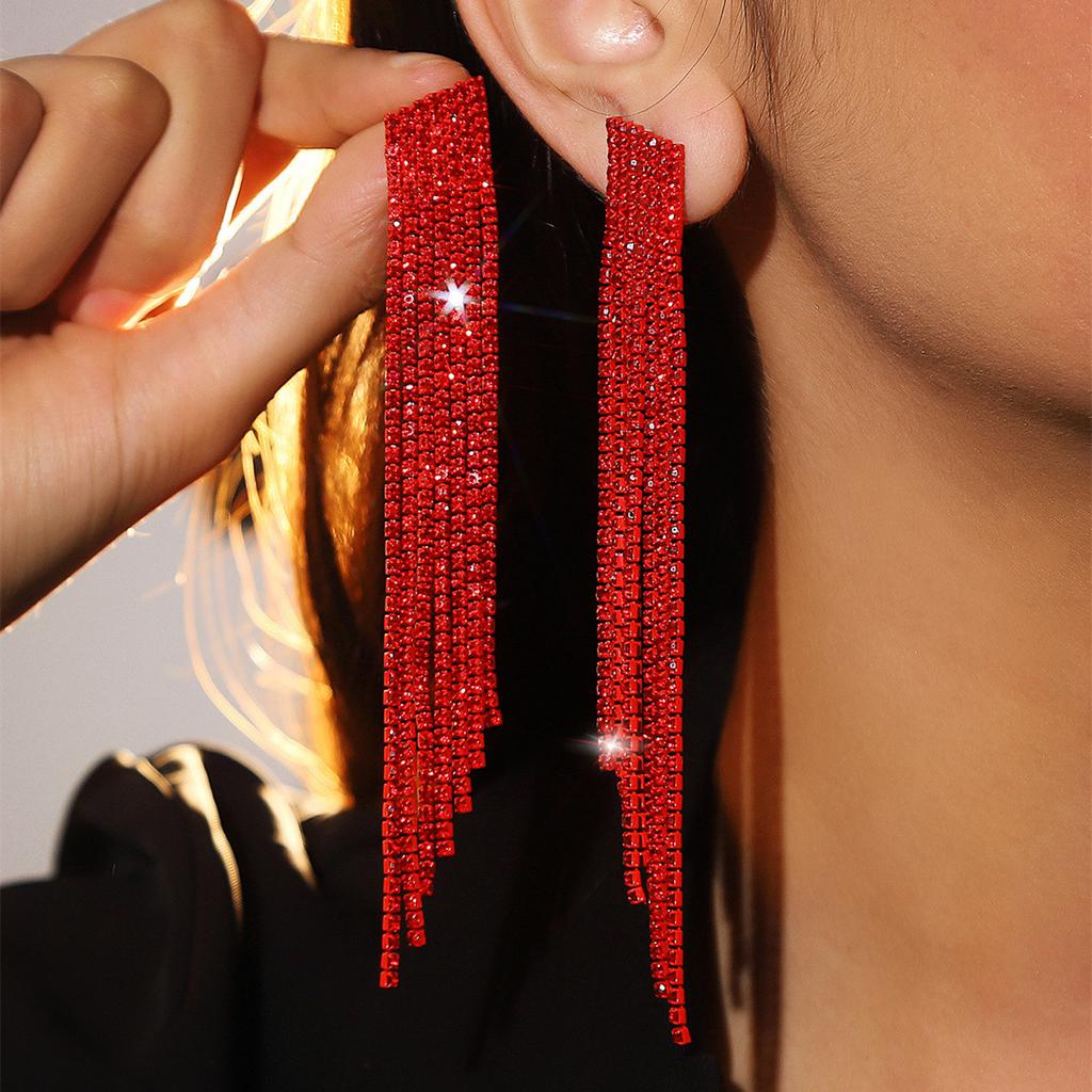 Red Series Super Flash Full Diamond Long Fringed Earrings for Women, High-end Temperament Stud Earrings and Ear Jewelry