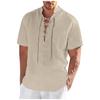 Men's Spring Summer Casual Fashion Drawstring Cotton Linen Solid Colour V-neck Short Sleeve