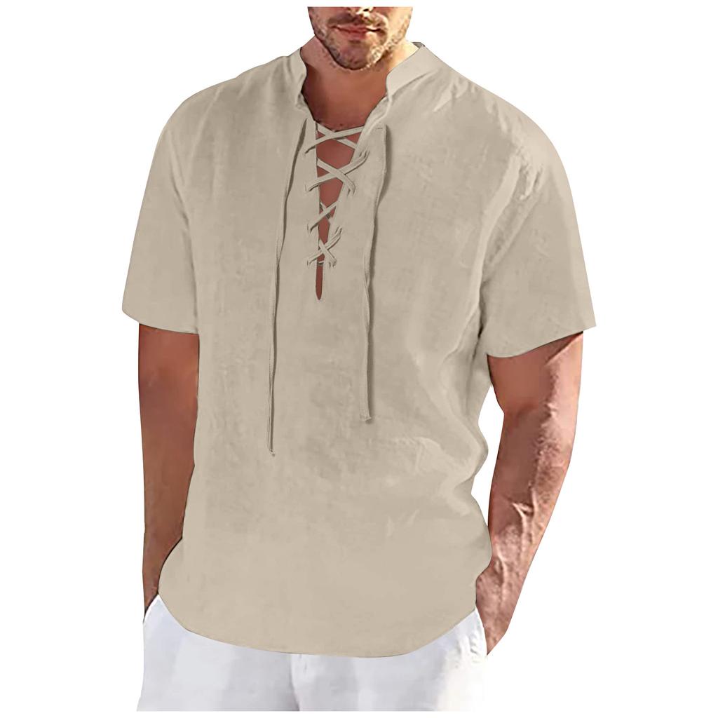 Men's Spring Summer Casual Fashion Drawstring Cotton Linen Solid Colour V-neck Short Sleeve