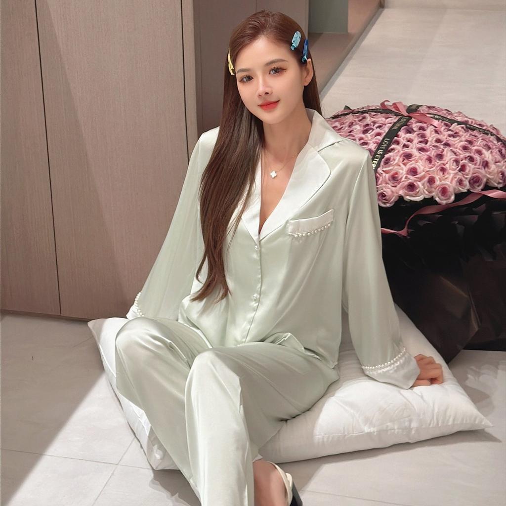 Spring and summer thin ice silk pajamas women's long-sleeved trousers sweet girl age-reducing pearl silk loungewear explosion