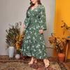 Plus Size Women's New Autumn Temperament Print Strap Waist Long Sleeve V Neck Dress