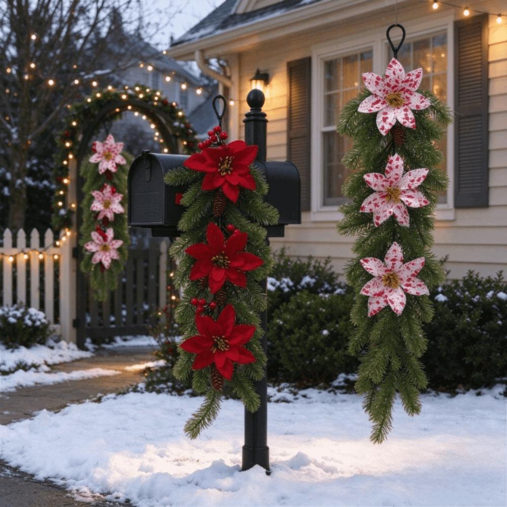 Faux Flower Artificial Pine Branch Hanging Poinsettia Flower Hanging Ornament Home Party