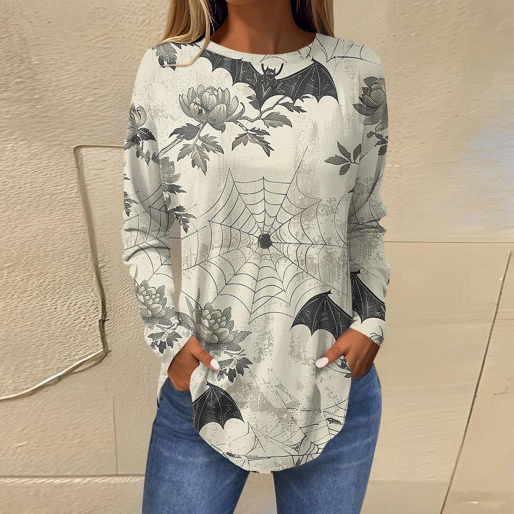 Женская свободная футболка с длинным рукавом с круглым вырезом и принтом, верхний пуловер
