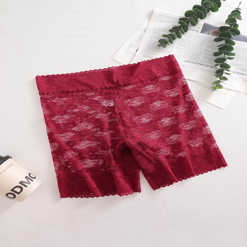 S-XXL Lace High Waist Boyshort Underwear Women's Sexy Hollow Out Solid Color Lingerie Transparent Stretchy Boxer Panties