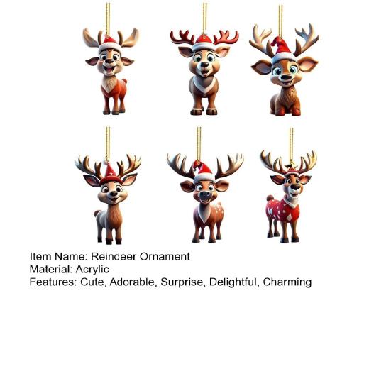 6 шт. Рождественское украшение в виде северного оленя, милый мультяшный лось, акриловое подвесное украшение с шапкой Санты, 2D плоская подвеска в виде животного для интерьера автомобиля, дома, праздника