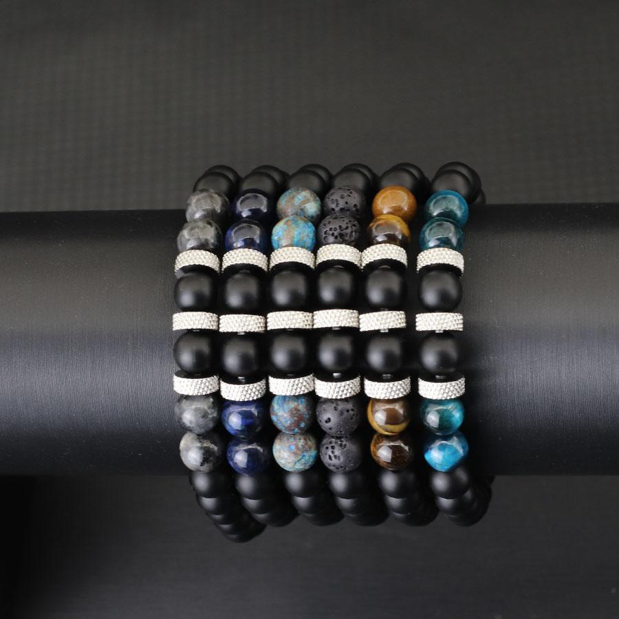 Stylish Men Bracelet 8mm Natural Volcanic Blue Howlite Tiger Eye Stone Beaded Braclet Retro String Braslet Casual Accessories
