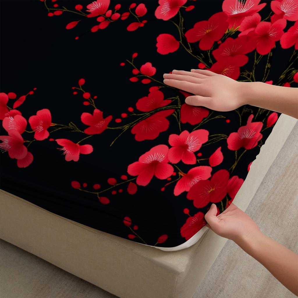 3pcs Floral Flat Sheet 3D Printed Red Plum Blossom Fitted Sheet Sets With Pillowcases No Filling Minimalism Watercolor Style