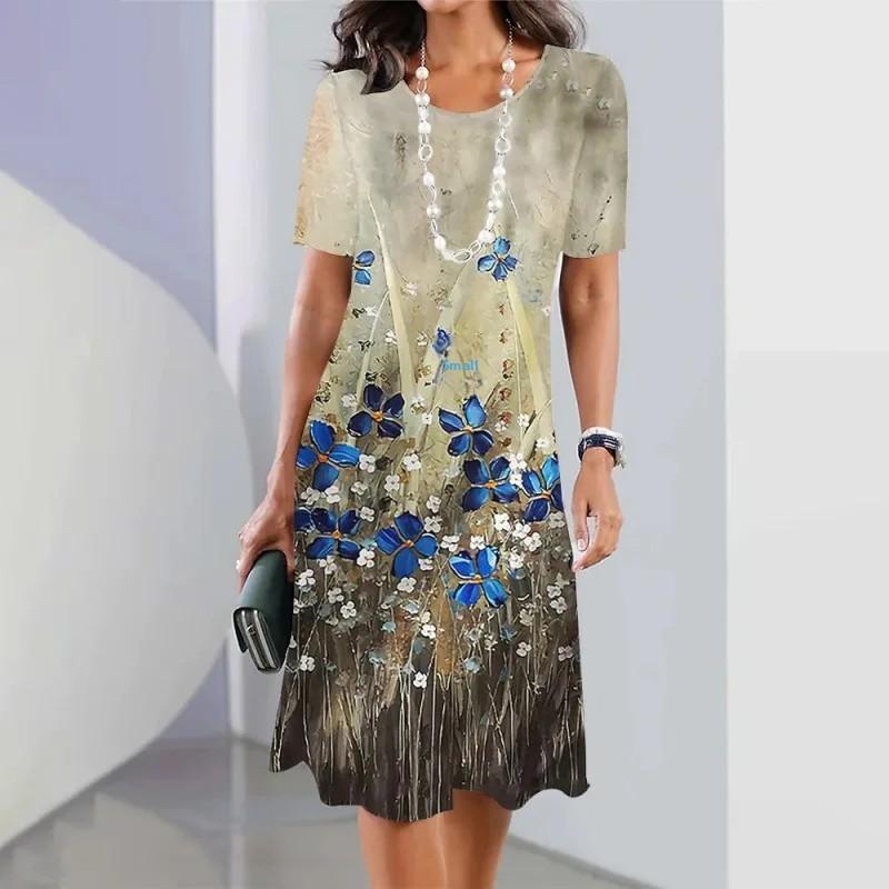 Модное повседневное женское платье с круглым вырезом и 3D цифровой печатью с цветочным рисунком, большого размера, длиной до колена, из полиэфирного волокна, с заниженной талией