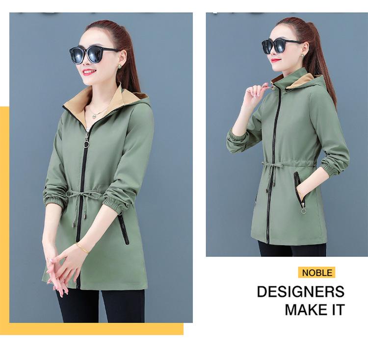 Women's Double-Sided Mid-Length Hooded Trench Coat with Detachable Elastic Waist and Zipper Pockets for Spring and Autumn