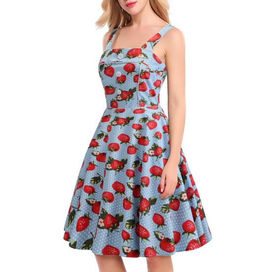 Women Prom Dress Strawberry Print A-line Big Swing Vintage Button Decor Sleeveless Back Zipper High Waist Backless Square Neck Cocktail Midi Dress
