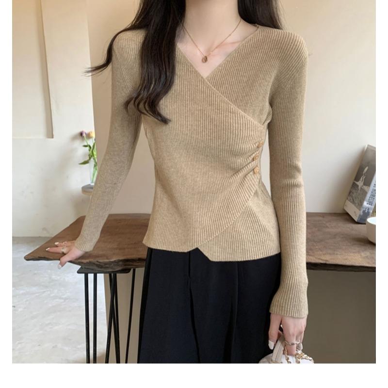 Women S V Neck Long Sleeve Irregular Knit Top Basic Inner Wear
