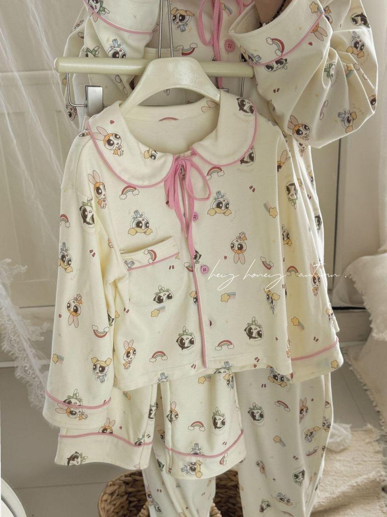 Hey Darling Small Curls Princess Girls' Korean Single-Breasted Pajama Set - Spring/Autumn