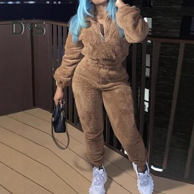 2 шт./комплект женский топ брюки костюм однотонный длинный рукав воротник стойка топ эластичный пояс толстые плюшевые брюки спортивный фитнес костюм пижама осень зима