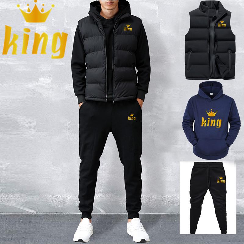 Men Spring Winter Fleece Hoddies Set Casual Sets Vest + Hoodies + Pants 3 Piece Set Male Tracksuit Sportswear Set
