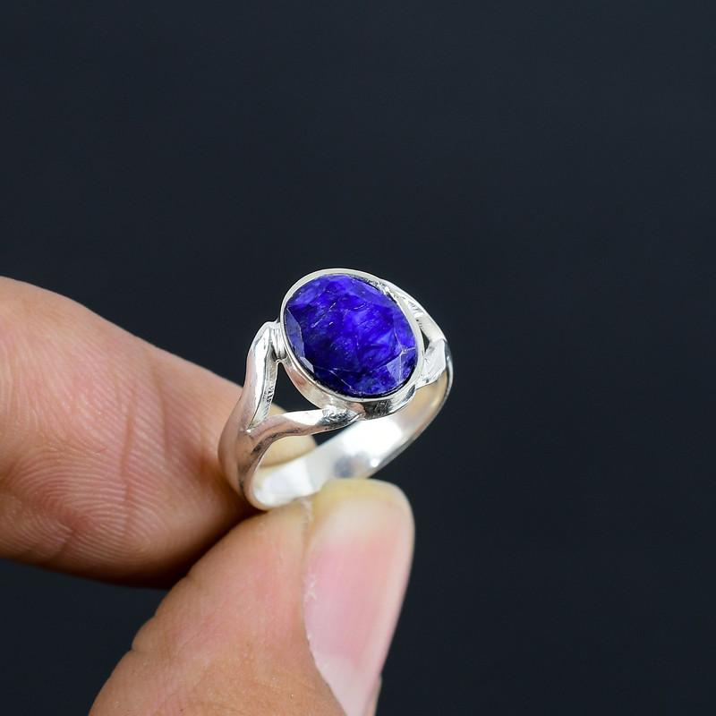 Blue Sapphire Cabochon Hand Crafted Stone Fine Polished 925 Sterling Silver Ring with Unique Design Gift Wedding Engagement