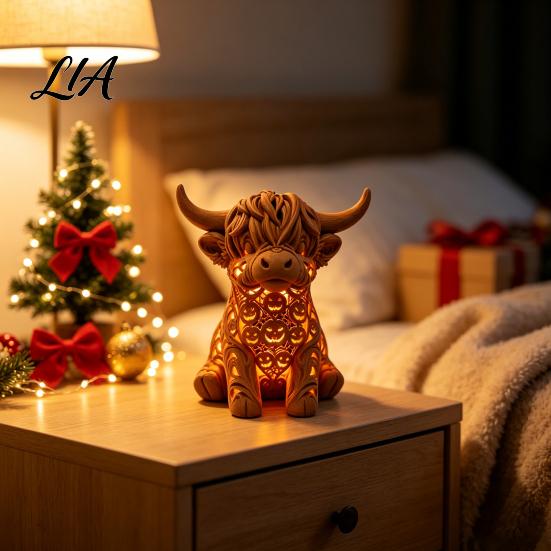 Scottish Cattle Figurine Highland Cow Tea Light Candle Holder, 3D Printed with LED Warm Ambient Lighting Light, Tabletop Decor for Home Bedroom