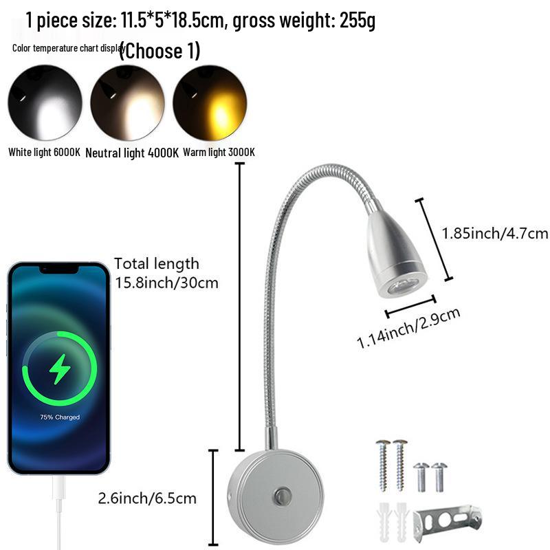 Светодиодный светильник для чтения на гибкой ножке для автодомов и лодок с сенсорным диммированием