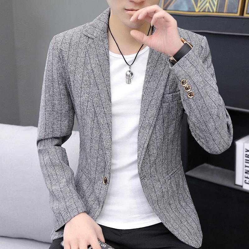 Весенне-осенний полосатый костюм, мужской молодежный приталенный маленький пиджак, формальный одинарный топ, куртка с длинным рукавом, деловой