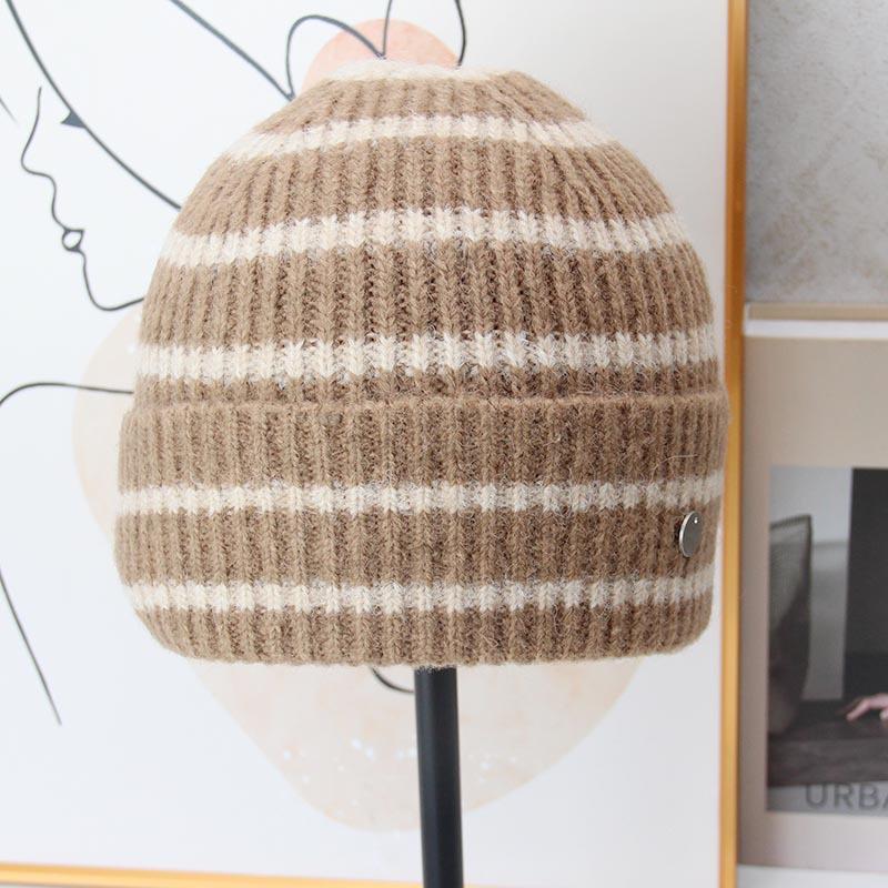 Autumn and winter striped knitted hat women's warm wool hat retro flanged ear protectors stacked hat showing face small winter hat