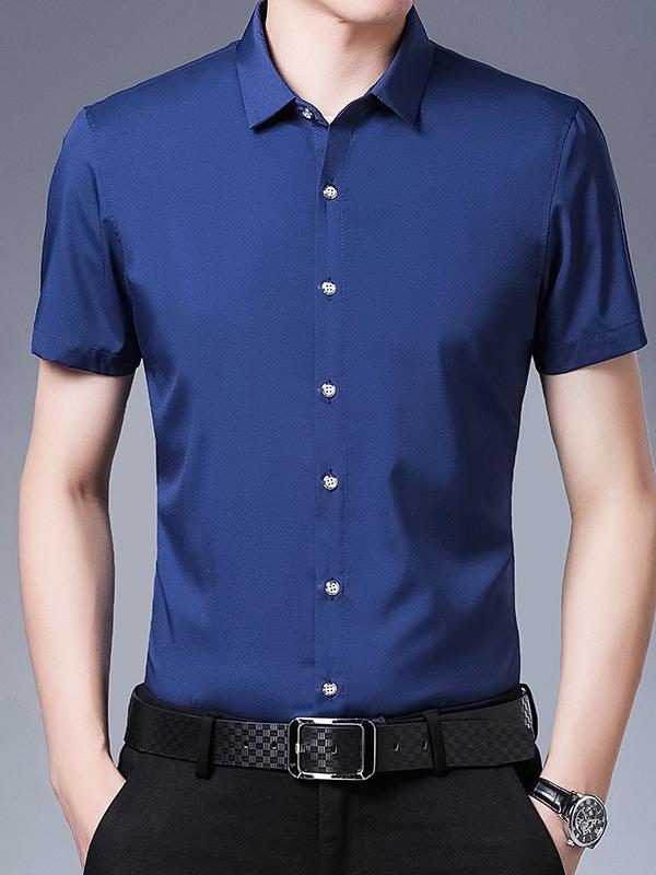 Men's Summer Solid Color Short-Sleeve Turn-Down Collar Shirt - Casual and Workwear Top
