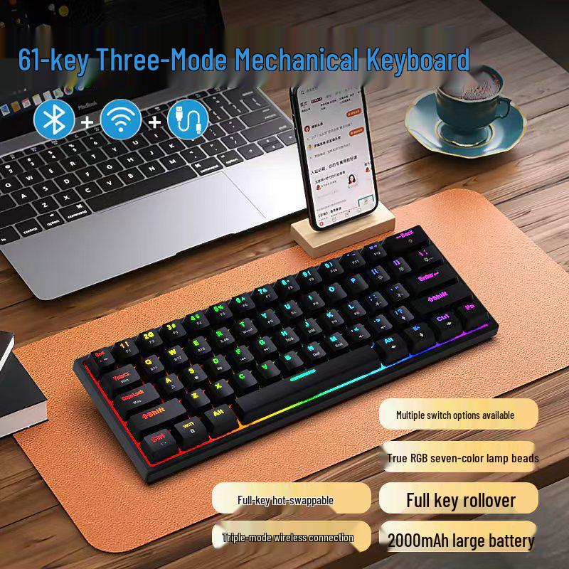 61-клавишная механическая клавиатура с RGB-подсветкой - Портативная, для игр и офиса, синий переключатель