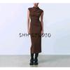 Spring New Women Clothes Vest Dress Long Knitted Pleat Decorative Stand Collar Sleeveless Dress 4772345