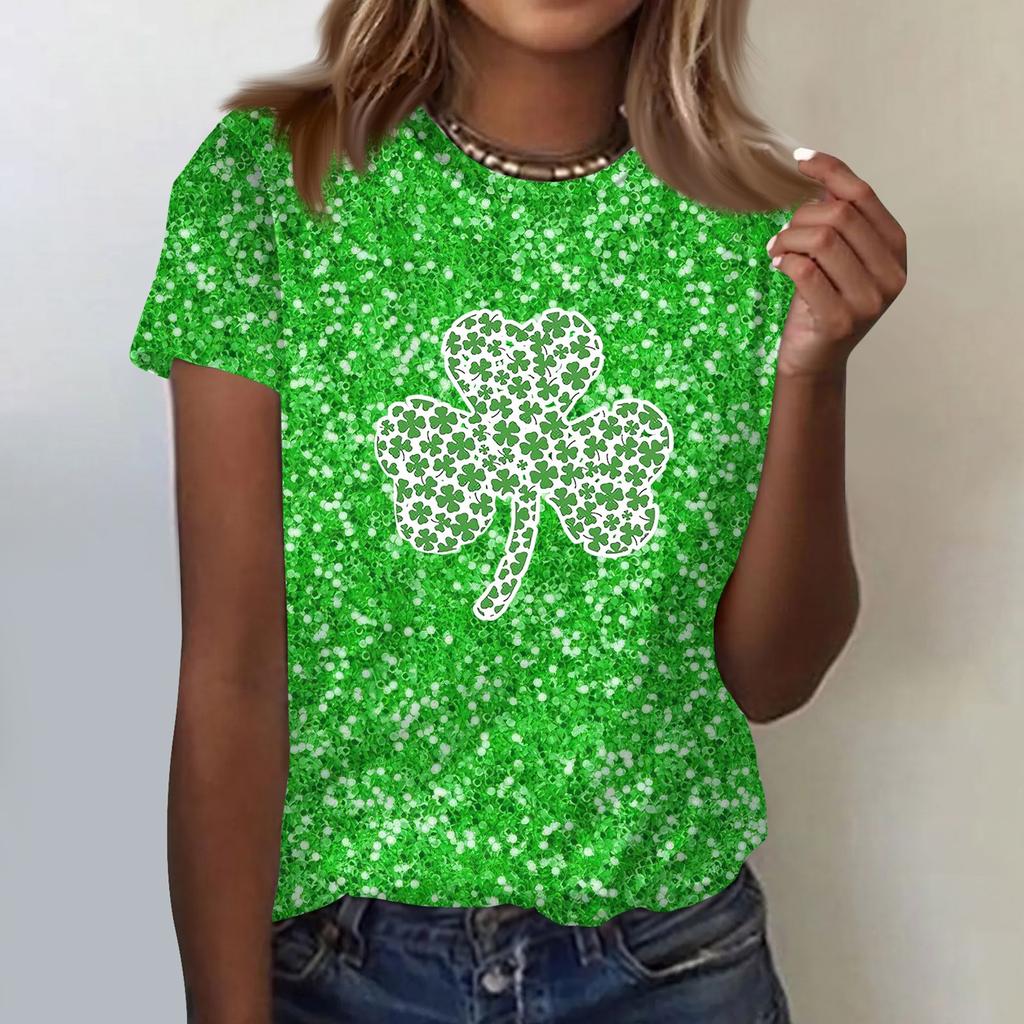 Women's  Casual Short Sleeve Shirts Fashion St Patrick's Print Tunic Tops With Pockets