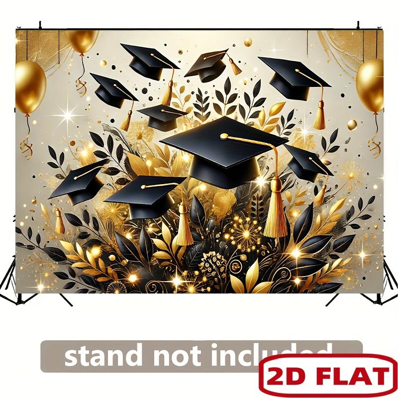 2D flat banner, graduation cap background banner - Shiny golden polyester fabric paired with graduation cap and balloons